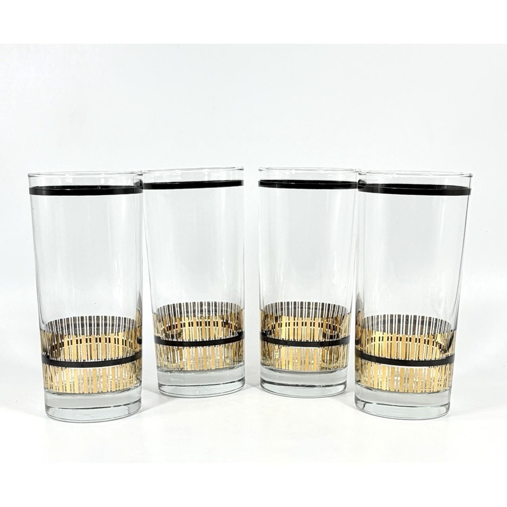 Vintage Mid-Century Modern Gold Black Striped Highball Glasses Set of 4 Barware